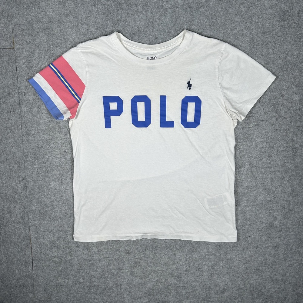 Polo Ralph Lauren T-Shirt Boys Medium White Spellout Tee Striped Sleeve Preppy